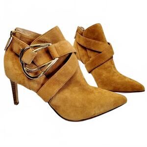 RACHEL ZOE SILVAM Tan Suede Leather Bootie Rear Zip Closure Gold Buckle Detail